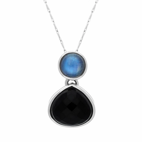 9ct White Gold Whitby Jet Moonstone Faceted Pear Drop Necklace D