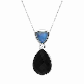 9ct White Gold Whitby Jet Moonstone Faceted Pear Necklace D