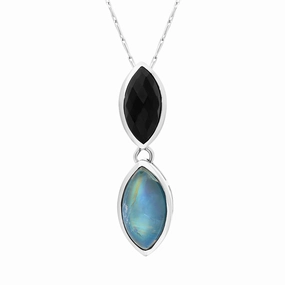 9ct White Gold Whitby Jet Moonstone Marquise Drop Necklace D