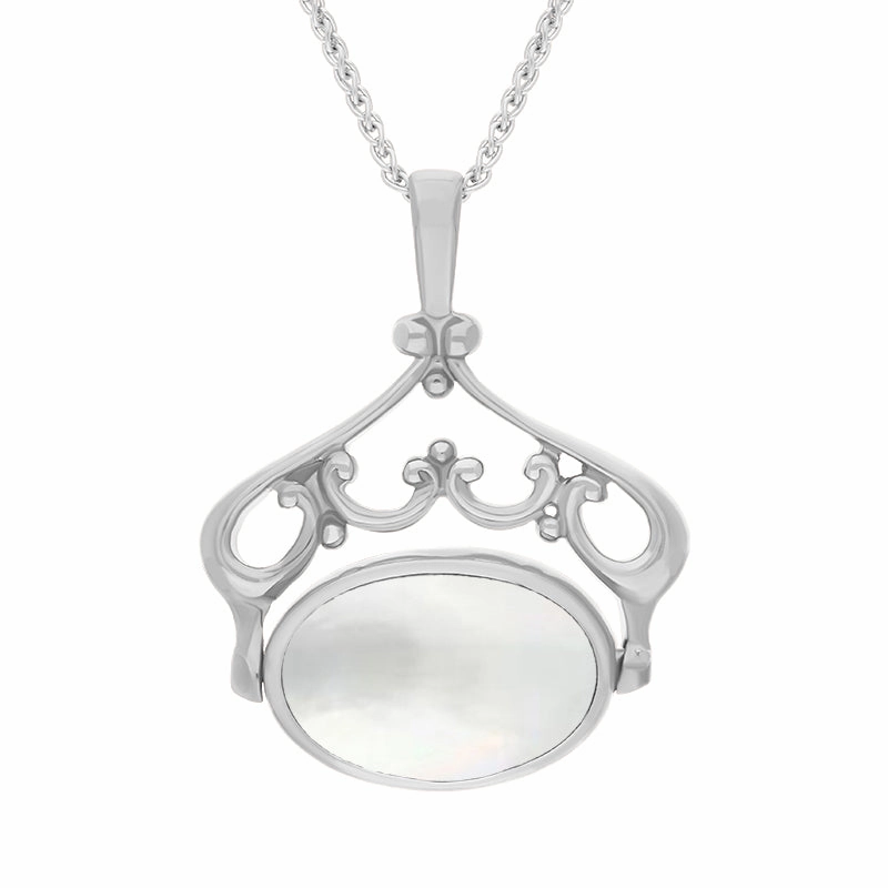 9ct White Gold Whitby Jet Mother Of Pearl Double Sided Oval Swivel Fob Necklace