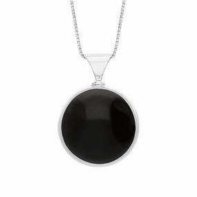 9ct White Gold Whitby Jet Mother of Pearl Queens Jubilee Hallmark Double Sided Round Necklace D