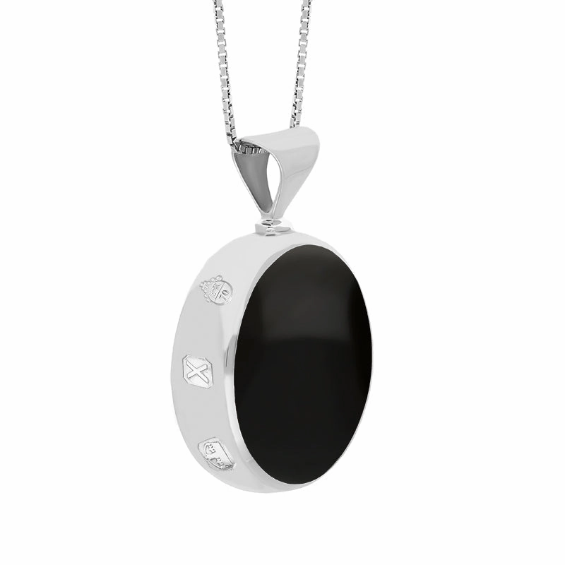 9ct White Gold Whitby Jet Mother of Pearl Queens Jubilee Hallmark Double Sided Round Necklace D