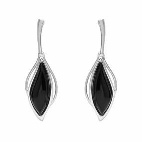 9ct White Gold Whitby Jet Open Marquise Drop Earrings