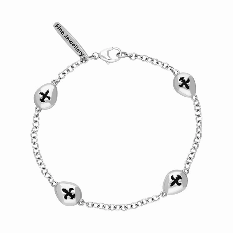 9ct White Gold Whitby Jet Oval Fleur De Lis Detail Four Stone Bracelet