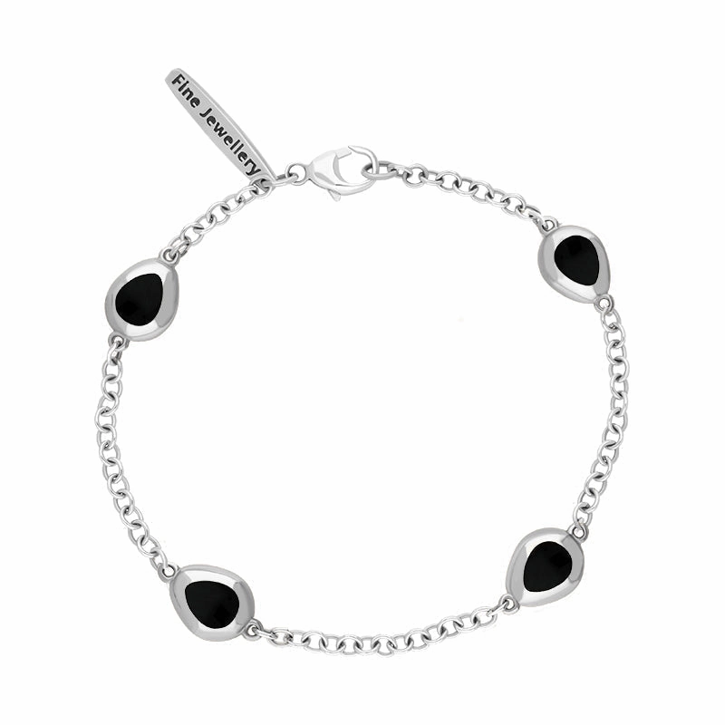 9ct White Gold Whitby Jet Oval Fleur De Lis Detail Four Stone Bracelet