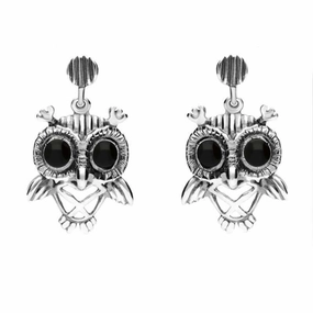 9ct White Gold Whitby Jet Owl Stud Earrings
