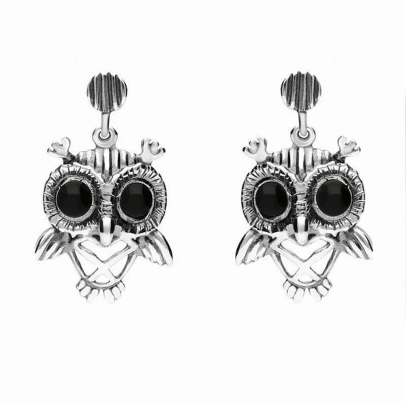 9ct White Gold Whitby Jet Owl Stud Earrings
