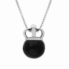 9ct White Gold Whitby Jet Royal Crown 11mm Bead Pendant