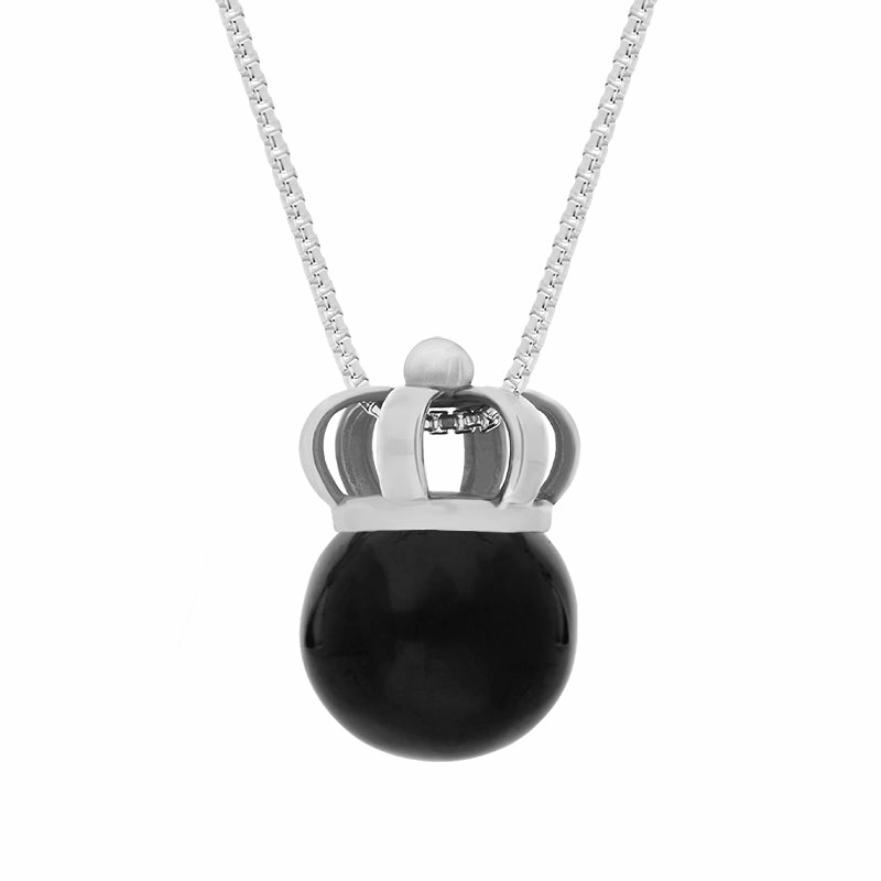9ct White Gold Whitby Jet Royal Crown 11mm Bead Pendant