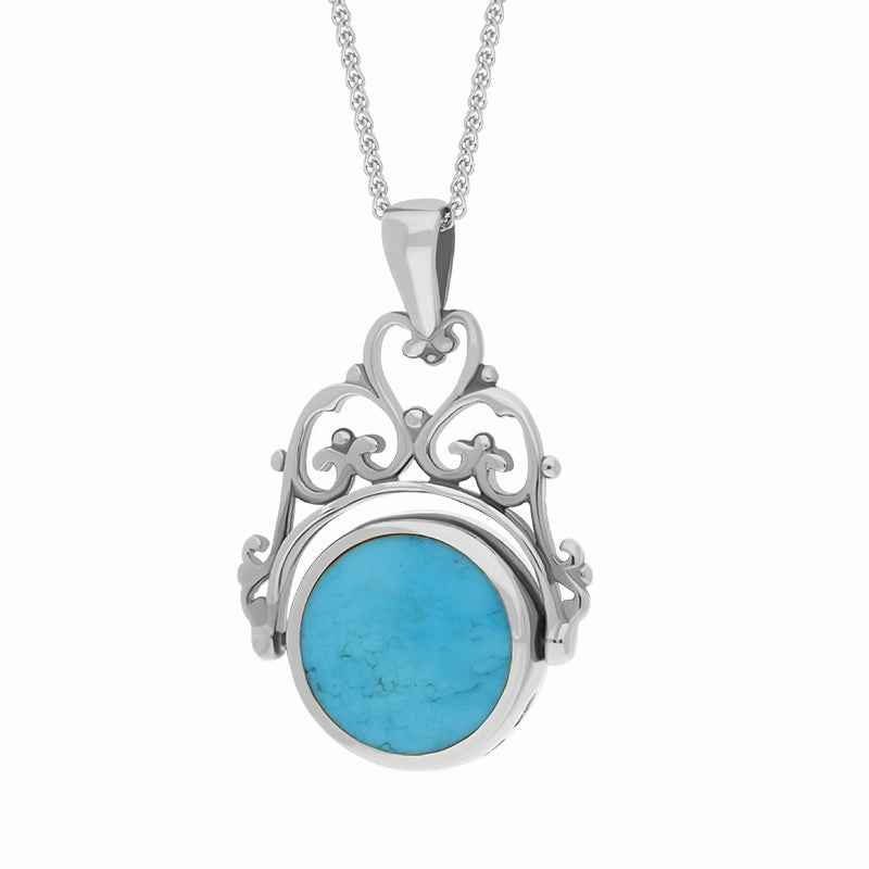 9ct White Gold Whitby Jet Turquoise Double Sided Round Swivel Fob Necklace
