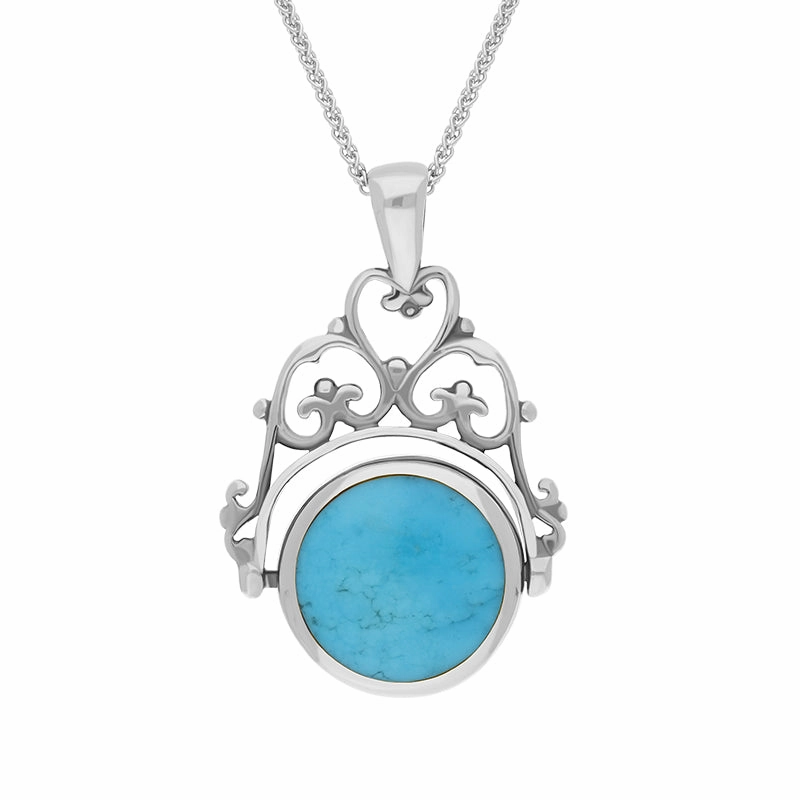 9ct White Gold Whitby Jet Turquoise Double Sided Round Swivel Fob Necklace