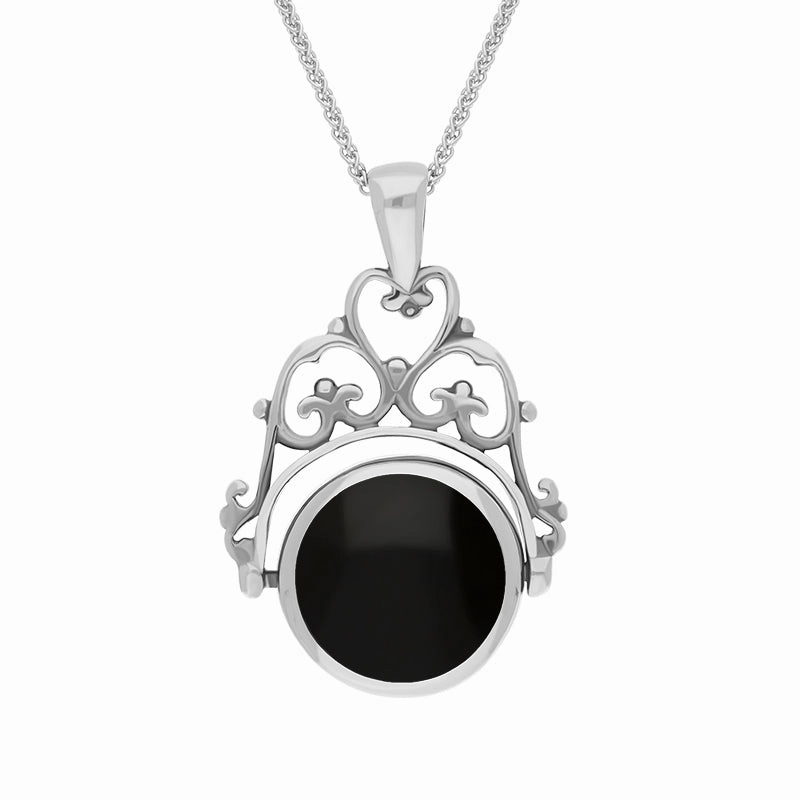 9ct White Gold Whitby Jet Turquoise Double Sided Round Swivel Fob Necklace