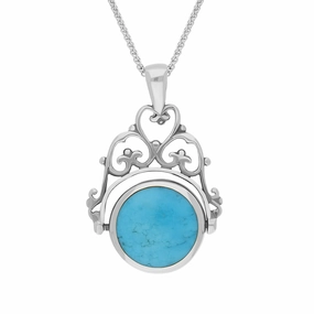 9ct White Gold Whitby Jet Turquoise Double Sided Round Swivel Fob Necklace