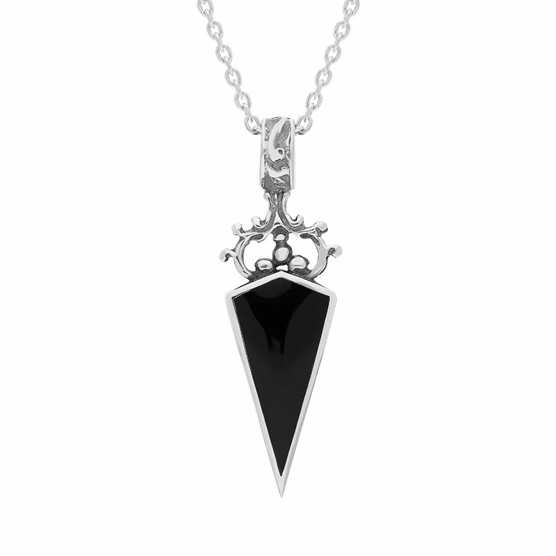 9ct White Gold Whitby Jet Turquoise Double Sided Scroll Top Dagger Fob Necklace