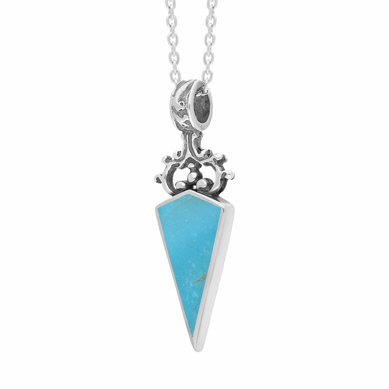 9ct White Gold Whitby Jet Turquoise Double Sided Scroll Top Dagger Fob Necklace