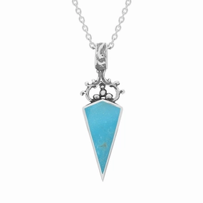 9ct White Gold Whitby Jet Turquoise Double Sided Scroll Top Dagger Fob Necklace