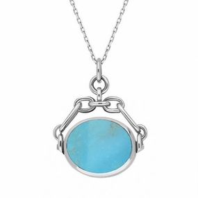 9ct White Gold Whitby Jet Turquoise Double Sided Swivel Fob Necklace