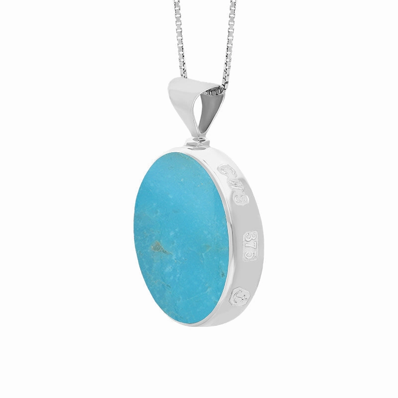 9ct White Gold Whitby Jet Turquoise King's Coronation Hallmark Double Sided Round Necklace D
