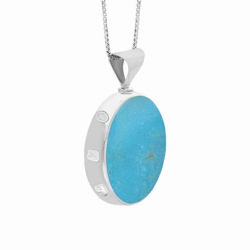 9ct White Gold Whitby Jet Turquoise King's Coronation Hallmark Double Sided Round Necklace D