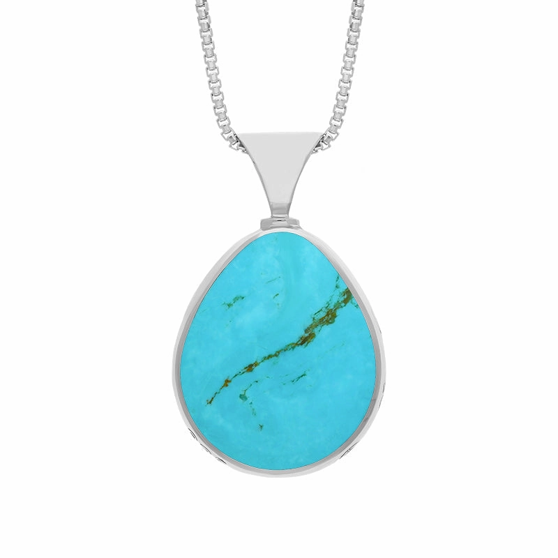 9ct White Gold Whitby Jet Turquoise Queens Jubilee Hallmark Double Sided Pear-shaped Necklace D