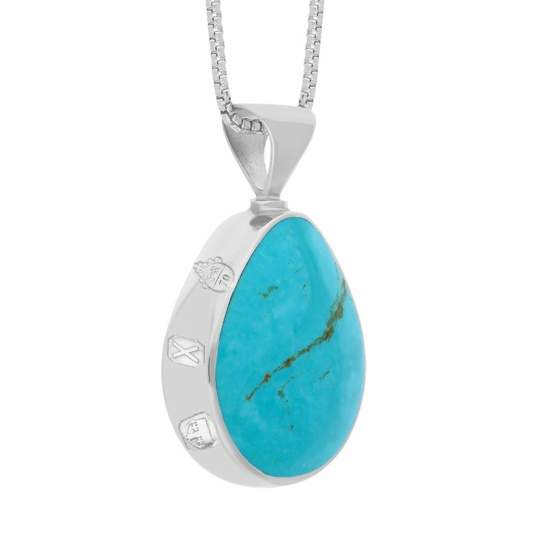 9ct White Gold Whitby Jet Turquoise Queens Jubilee Hallmark Double Sided Pear-shaped Necklace D