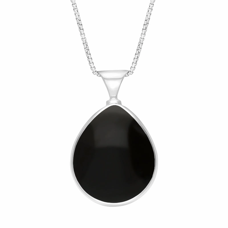 9ct White Gold Whitby Jet Turquoise Queens Jubilee Hallmark Double Sided Pear-shaped Necklace D
