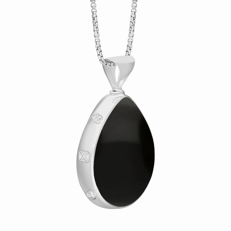 9ct White Gold Whitby Jet Turquoise Queens Jubilee Hallmark Double Sided Pear-shaped Necklace D