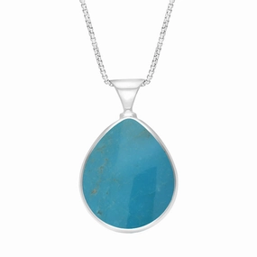 9ct White Gold Whitby Jet Turquoise Queens Jubilee Hallmark Double Sided Pear-shaped Necklace D
