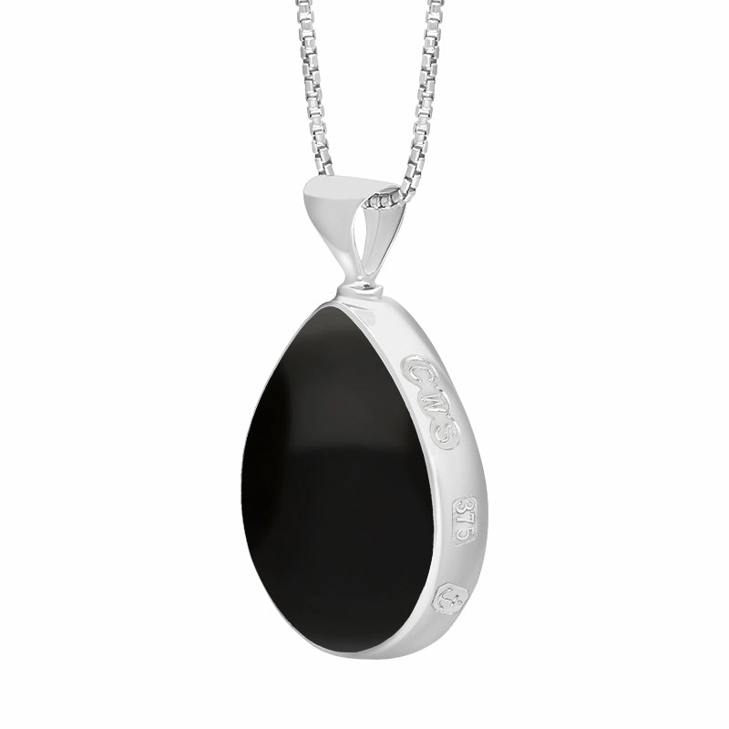 9ct White Gold Whitby Jet Turquoise Queens Jubilee Hallmark Double Sided Pear-shaped Necklace D