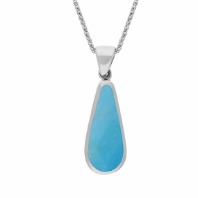 9ct White Gold Whitby Jet Turquoise Small Double Sided Pear Cut Fob Necklace