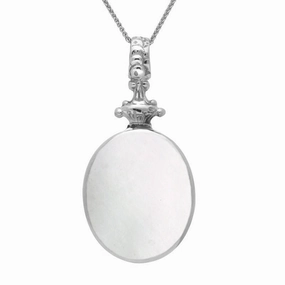 9ct White Gold Whitby Jet White Mother Of Pearl Double Sided Oval Fob Necklace