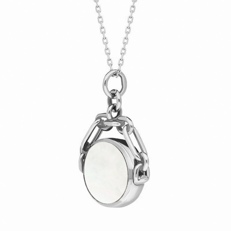 9ct White Gold Whitby Jet White Mother Of Pearl Double Sided Swivel Fob Necklace