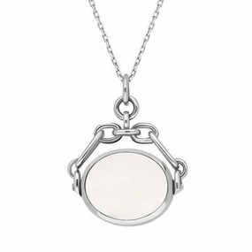 9ct White Gold Whitby Jet White Mother Of Pearl Double Sided Swivel Fob Necklace