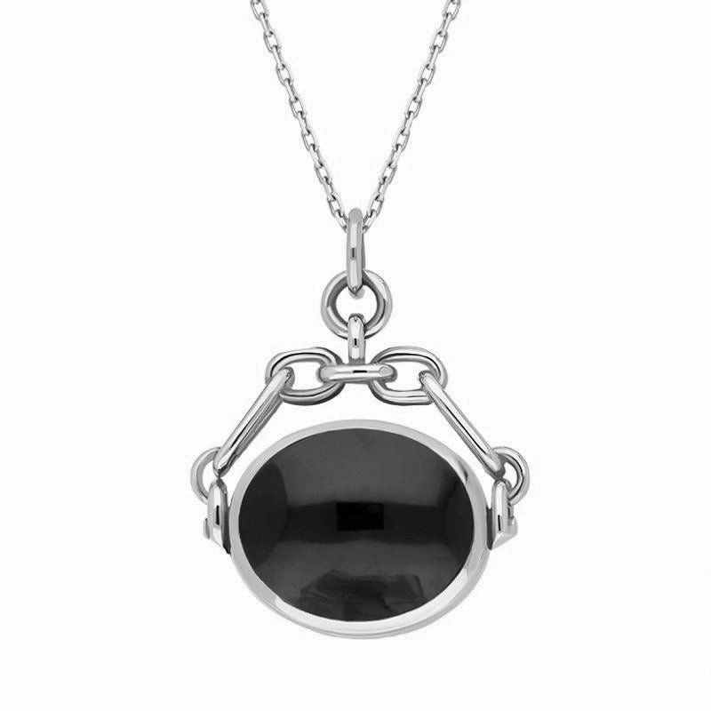 9ct White Gold Whitby Jet White Mother Of Pearl Double Sided Swivel Fob Necklace
