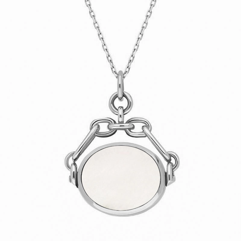 9ct White Gold Whitby Jet White Mother Of Pearl Double Sided Swivel Fob Necklace