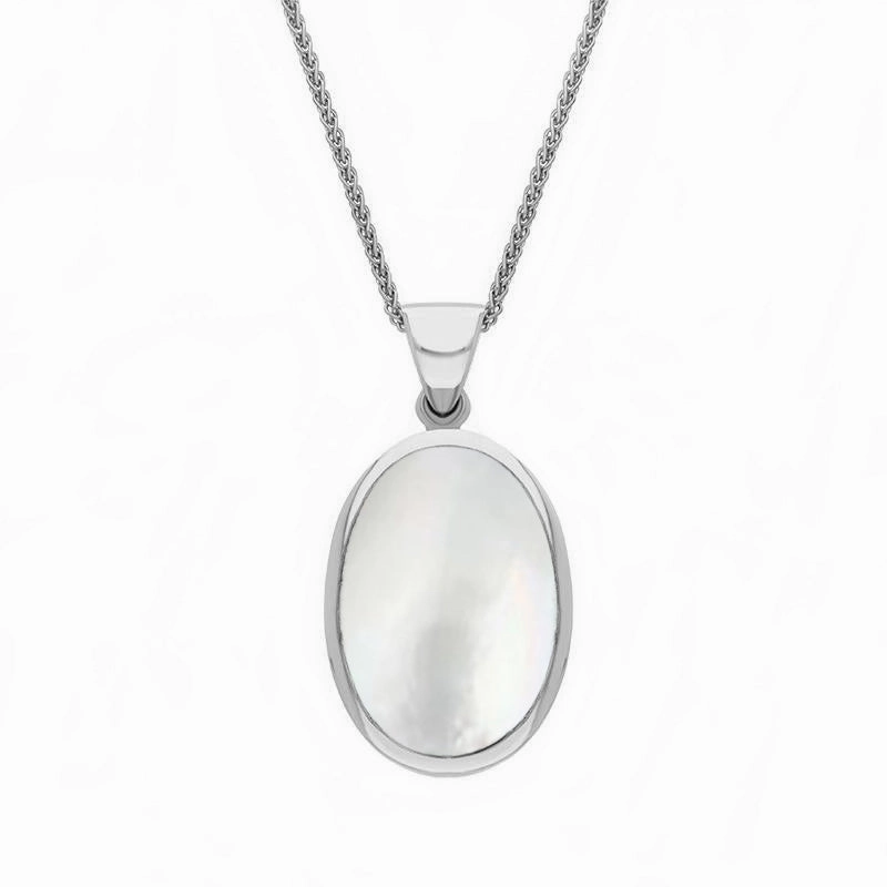 9ct White Gold Whitby Jet White Mother Of Pearl Small Double Sided Fob Necklace