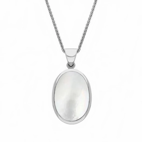 9ct White Gold Whitby Jet White Mother Of Pearl Small Double Sided Fob Necklace