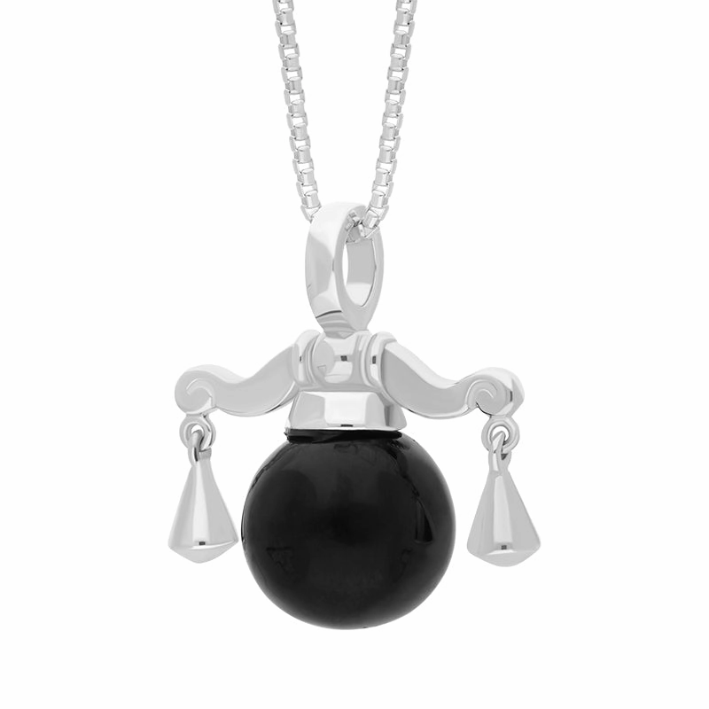 9ct White Gold Whitby Jet Zodiac Libra 8mm Bead Pendant