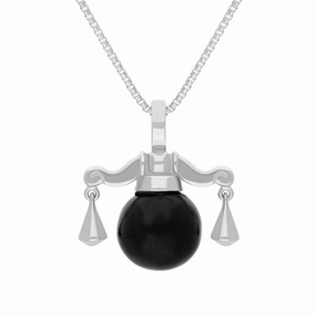 9ct White Gold Whitby Jet Zodiac Libra 8mm Bead Pendant