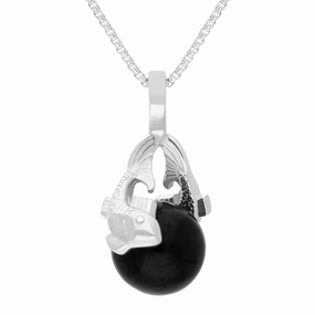9ct White Gold Whitby Jet Zodiac Pisces 8mm Bead Pendant