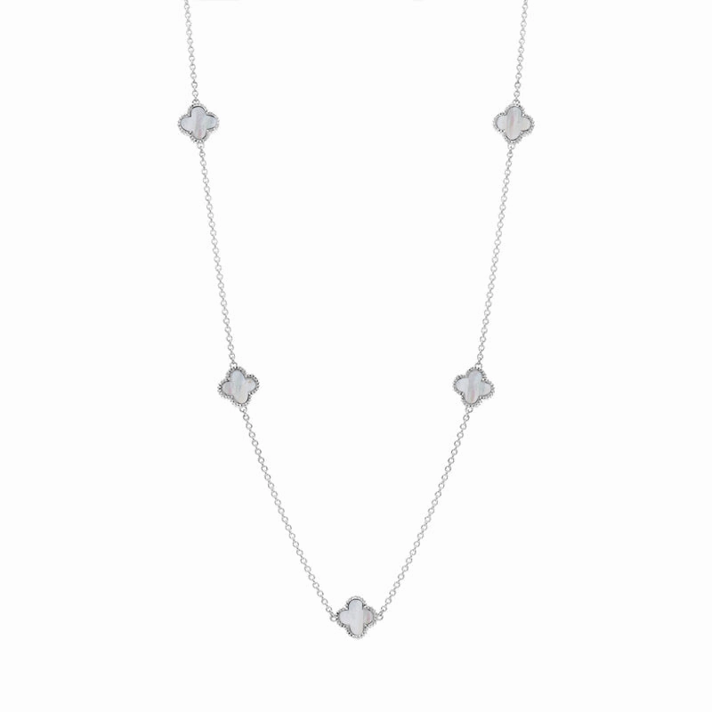 9ct White Gold White Mother of Pearl Bloom Four Leaf Clover Ball Edge Necklace