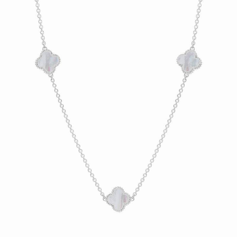9ct White Gold White Mother of Pearl Bloom Four Leaf Clover Ball Edge Necklace