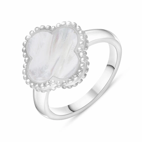 9ct White Gold White Mother of Pearl Bloom Four Leaf Clover Ball Edge Ring