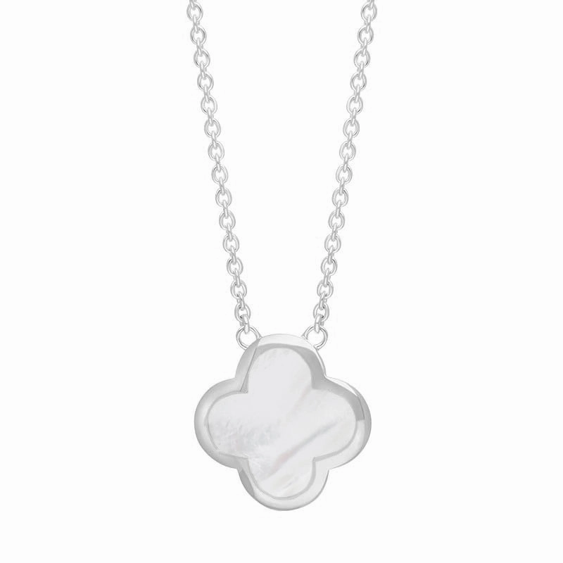 9ct White Gold White Mother of Pearl Bloom Large Four Leaf Clover Polished Edge Pendant