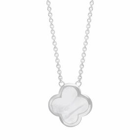 9ct White Gold White Mother of Pearl Bloom Large Four Leaf Clover Polished Edge Pendant