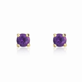 9ct Yellow Gold Amethyst 3mm Round Claw Set Stud Earrings