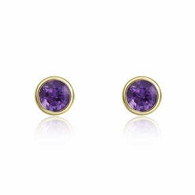 9ct Yellow Gold Amethyst 3mm Round Rub Over Set Stud Earrings
