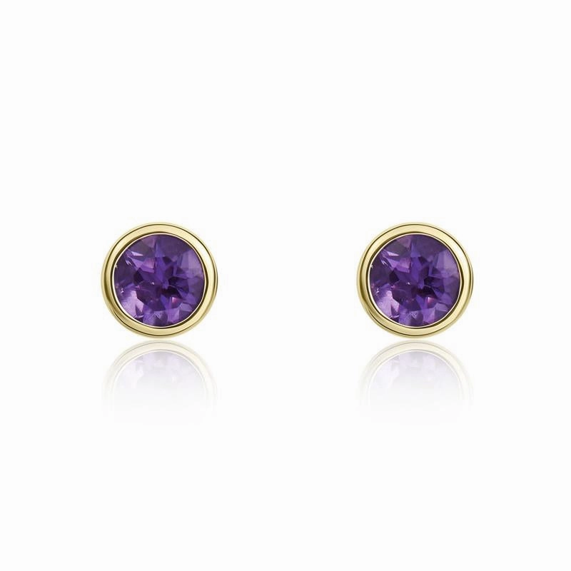 9ct Yellow Gold Amethyst 3mm Round Rub Over Set Stud Earrings