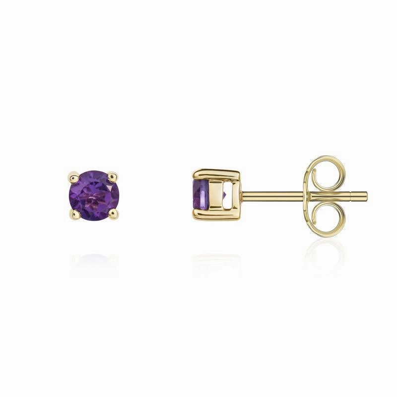 9ct Yellow Gold Amethyst 4mm Round Claw Set Stud Earrings