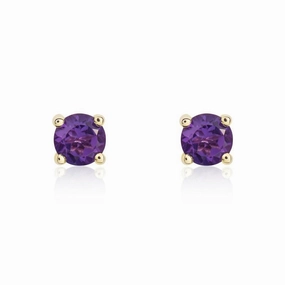 9ct Yellow Gold Amethyst 4mm Round Claw Set Stud Earrings